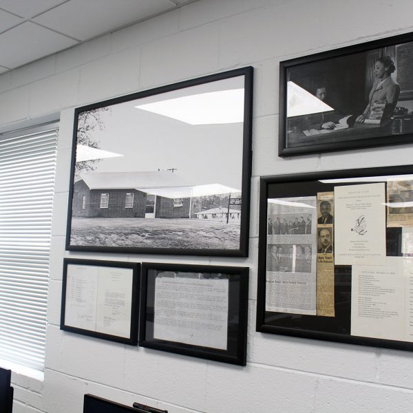 Framed pictures and documents representing Bragtown's long history