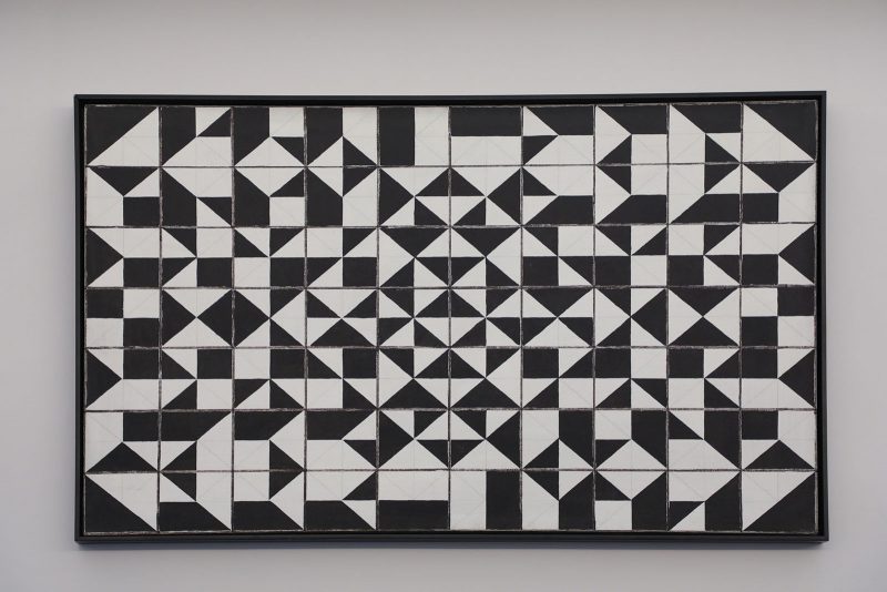 All the Possibilities of Four-Eighths II, by Vernon Pratt - a large, rectangular, black-and-white, painting with many geometric shapes