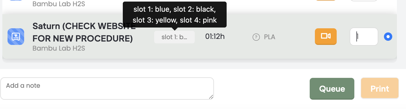 A screenshot showing how to find the color options in the note next to the 3D printer name. If this text does not show up in text readers, please email Maker_STEAM@dconc.gov for color options.
