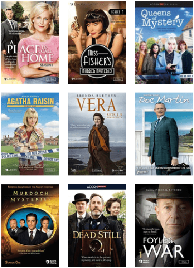 DVD covers including "Miss Fisher's Murder Mysteries," "Doc Martin," "Foyle's War," and more