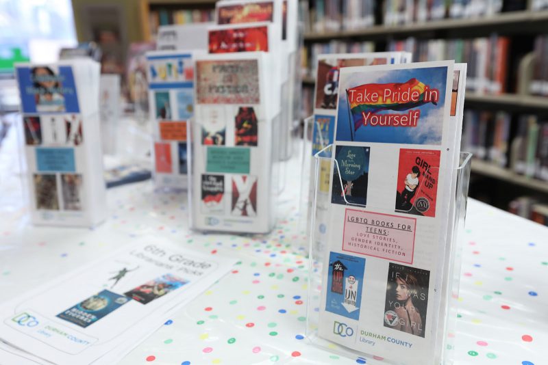 Closeup of a printed book list titled "Take Pride in Yourself: LGBTQ Books for Teens", with other printed lists visible in the background