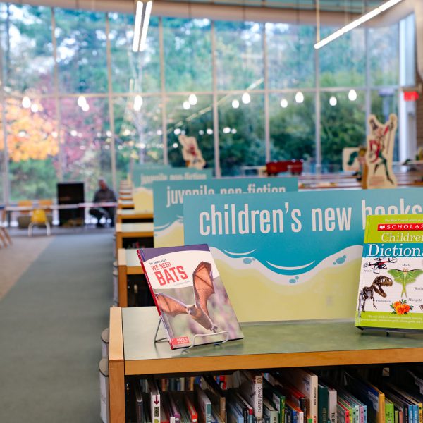 Rows of low book shelves with signs on top saying "children's new books," "juvenile non-fiction," and more, reaching back to a wall full of large windows