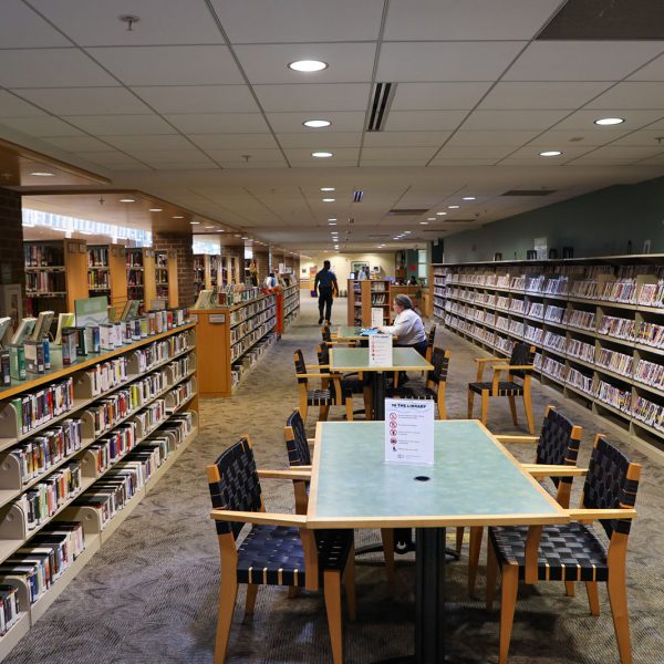 The open front area at North Regional, with shelves of books and DVDs surrounding large tables with chairs. A woman with a laptop sits at one of the tables