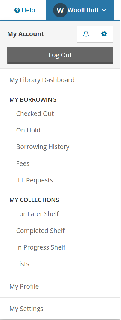 Blue button labeled with the current username, expanded to show an account menu underneath