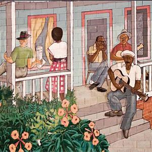 Section of a mural depicting bluesman John Dee Holeman and friends at a house party