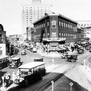 Black-and-white photograph of Five Points in downtown Durham