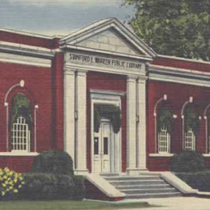 Color drawing of the historic facade of Stanford L. Warren Library
