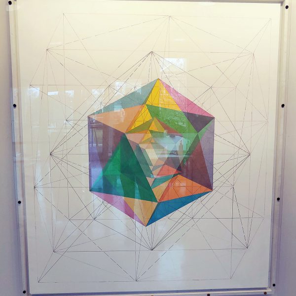 Three Icosahedrons, by John Hiigli - a painting of a multicolored polyhedron
