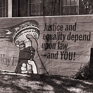 North Carolina Central University Law Day Banner with slogan "Justice and equality depend upon law - and YOU!"