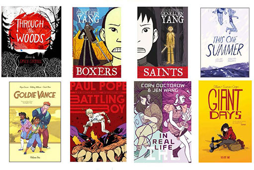 Grid of graphic novel covers including "Through the Woods," "Boxers," "Saints," and more