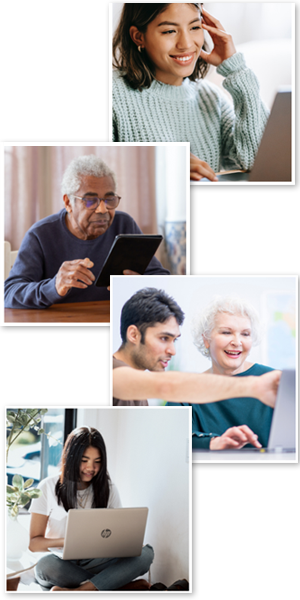 Four image collage of a girl with a laptop computer, older man with a tablet, older woman being helped by a younger man at a computer, and a young woman on a laptop