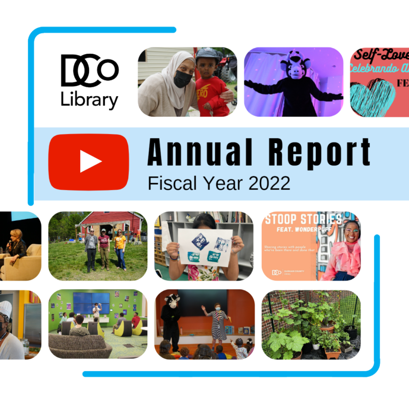 Annual Report Fiscal Year 2022 - a grid of images from different programs the library has hosted over the past year, including gaming, gardening, speakers, and crafts