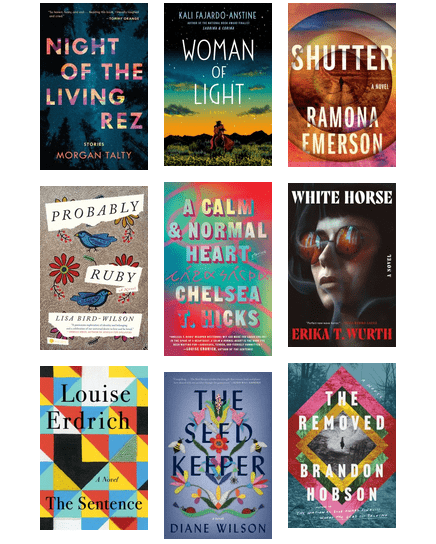 Grid of book covers including: Night of the Living Rez; Woman of Light; Shutter; Probably Ruby; A Calm & Normal Heart; White Horse; The Sentence; The Seed Keeper; and The Removed