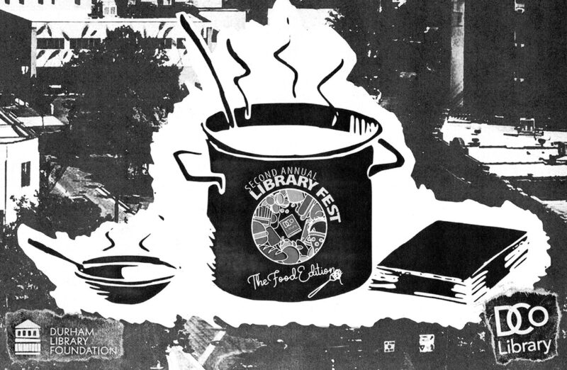 Black-and-white collage-style image with a large cooking pot, steaming bowl with spoon, and book superimposed over a Durham landscape
