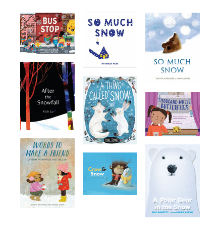 Grid of picture book covers featuring snow, polar bears and snowshoe rabbits, and other winter scenes