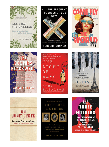 Grid of covers of biographies and memoirs about a selections of interesting women's lives
