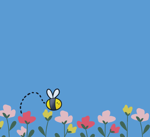 Cute cartoon bee buzzing along over cute cartoon flowers