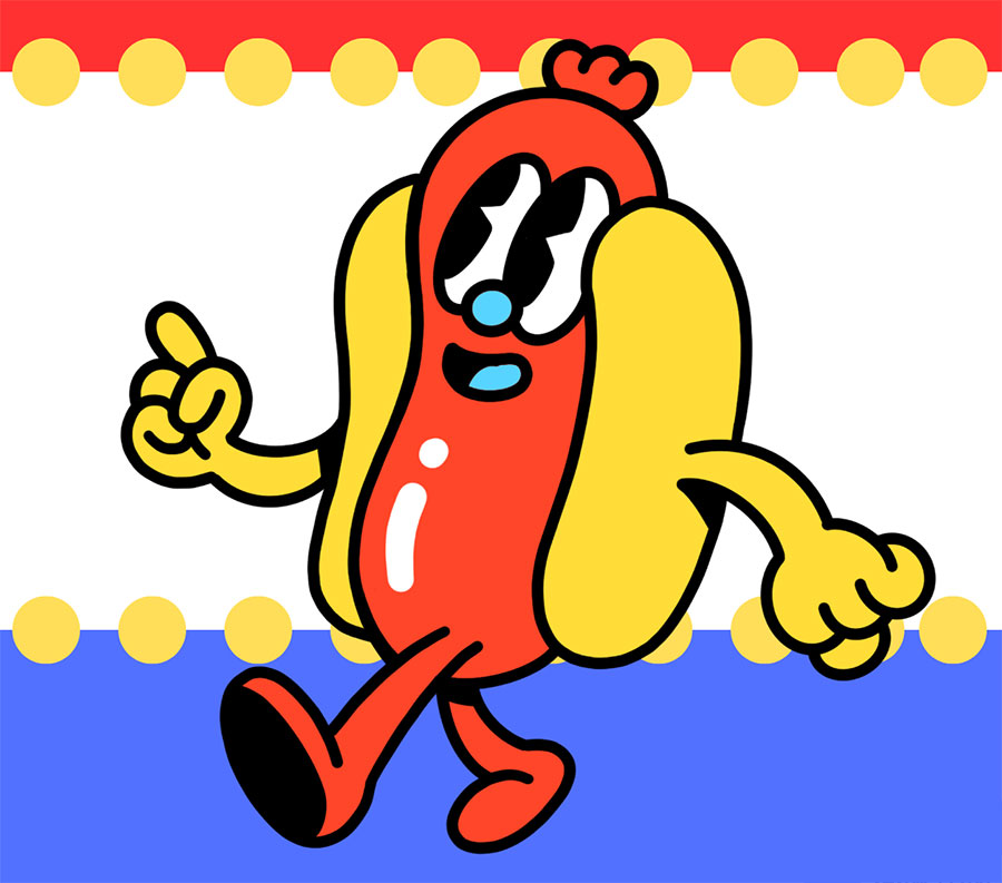 Friendly anthropomorphic hot dog walking and smiling