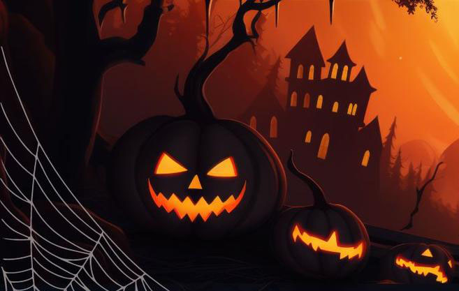 Sinister glowing jack-o-lanterns and a large spiderweb in front of a haunted house with an eerie orange sky.