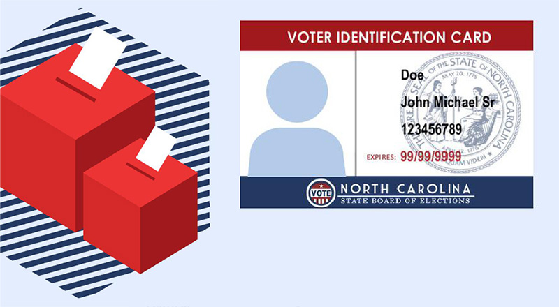 Stylized ballot boxes and and a sample voter ID card for John Doe