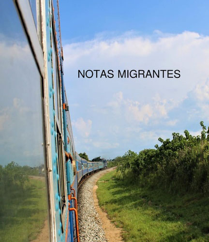 Cover of Murano's book Notas Migrantes, showing a view out of the window of the train with the landscape reflected back onto the windows as the track curves