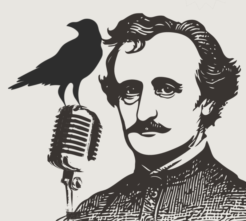 Illustration of Edgar Allan Poe standing next to a microphone with a raven perched on it