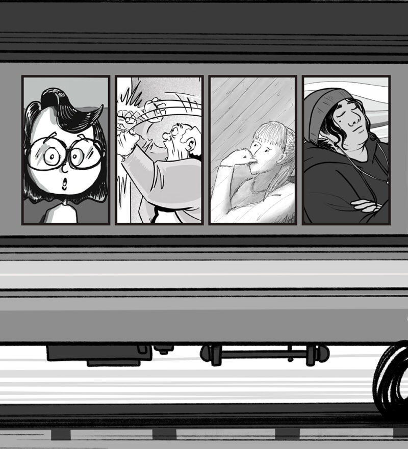 Comic showing a train car with four different characters, each drawn in a different style, in the four windows