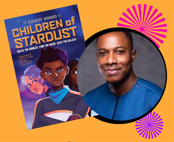 Photo of author Edudzi Adodo along with the cover of his book Children of Stardust