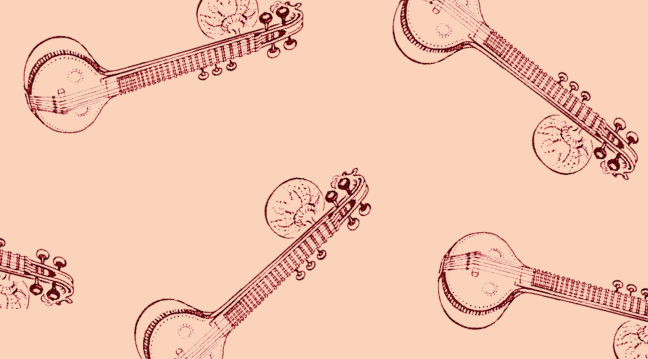 Repeating illustrations of lute-like veenas.