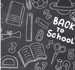 Chalkboard-style white-on-grey line drawings of school supplies, with numbers and the words "back to school."