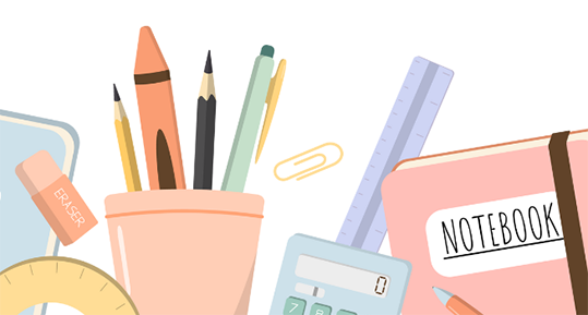 Illustration of school supplies including a cup of pens and pencils, a calculator, and a notebook.