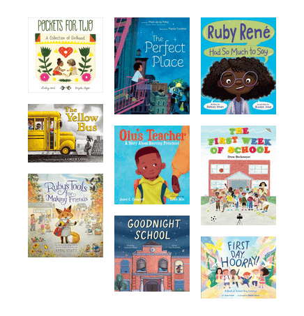 Covers of picture books about starting school, with lots of images of kids, school buildings, and school buses.