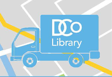 A blue cartoon delivery truck with the DCo Library logo on its side, over an abstracted map.