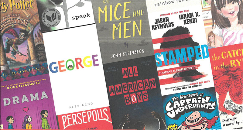 Collage of book covers including "Of Mice and Men," "George," Stamped," "Drama," "Persepolis," "Harry Potter and the Sorcerer's Stone," "The Adventures of Captain Underpants," and more.