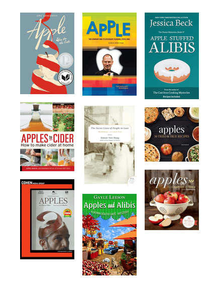 Covers of all kinds of books with apples in the title, including books about the fruit, the tech company, gravity, and much more.