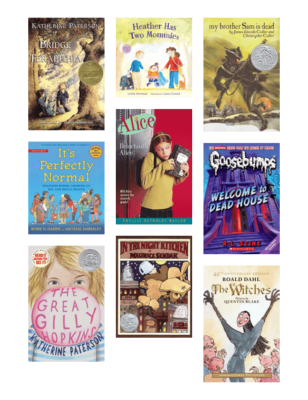 Covers of children's books including "Bridge to Terabithia," "Heather Has Two Mommies," "It's Perfectly Normal," and more.