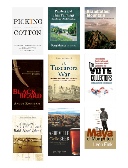 Covers of books about North Carolina history, geography, art, food, and more.