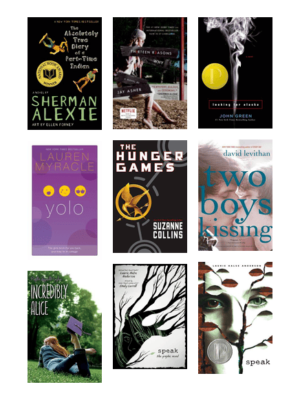 Covers of young adult books including "The Absolutely True Diary of A Part-time Indian," "The Hunger Games," and more.