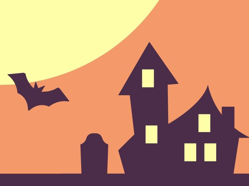 Cartoon house silhouetted against an orange sky with a big yellow moon overhead, a bat flying past, and a tombstone next to the house.