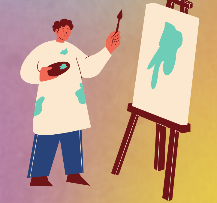 Illustration of a person painting at an easel, wearing a smock with splotches of paint on it.