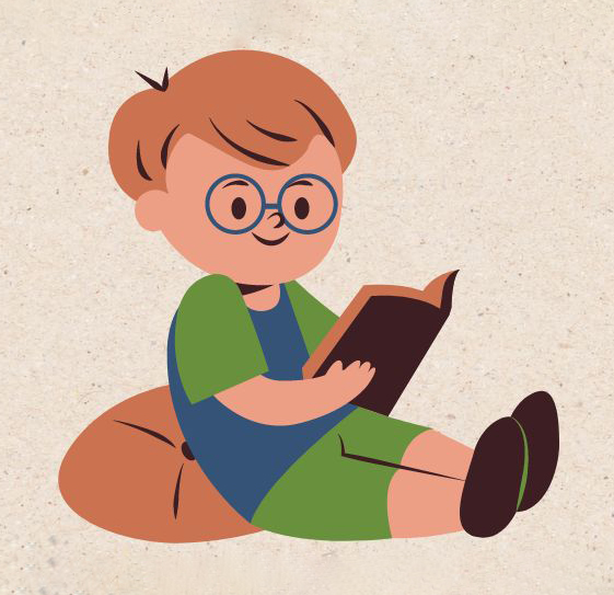 Cute illustration of a smiling young child sitting on a cushion and reading a book.