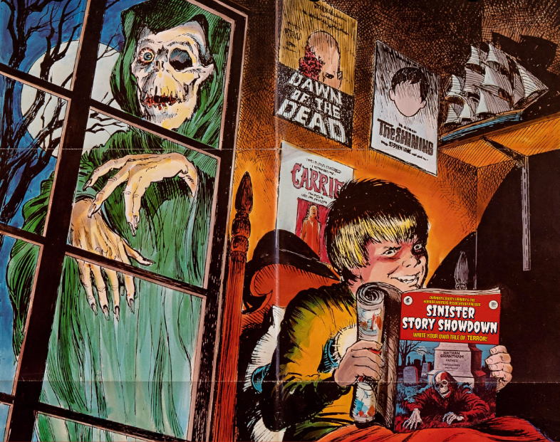 Illustration of a kid with a sinister facial expression, reading a magazine with a cover saying "Sinister Story Showdown" and showing a corpse crawling up out of a tomb. On the wall behind the kid are posters for horror movies, and looming in the window behind them is a hooded, skeletal figure with one eyeball and raised hands.