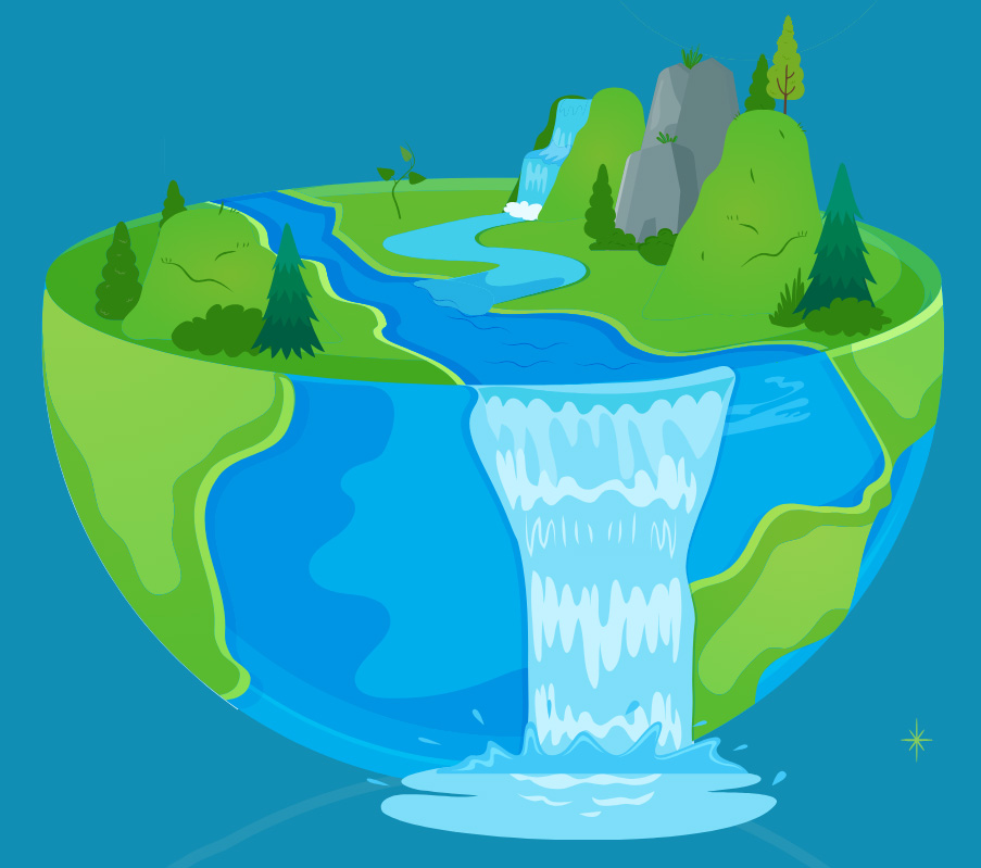 Illustration of the Earth cut in half, with a mountainous green landscape on the flat top and a river running across it and pouring over the side like a waterfall.