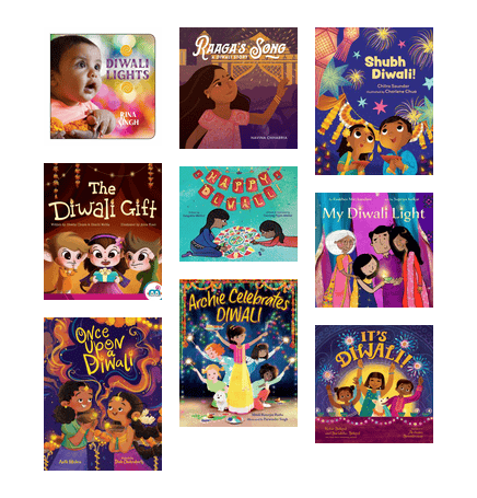 Covers of picture books about Diwali, featuring lots of mostly South Asian kids and families with lots of lights and decorations.