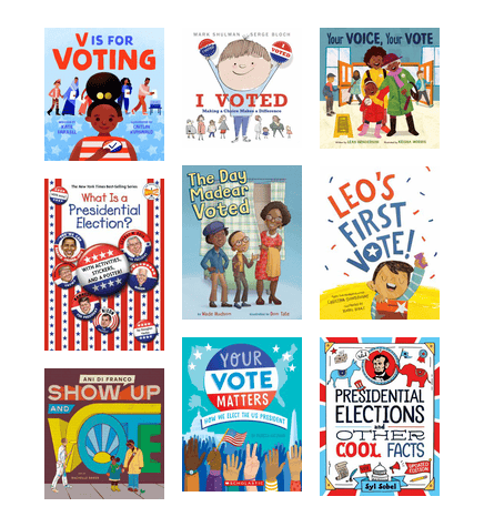 Covers of kids' fiction and non-fiction books about voting, with lots of red, white, and blue, many with excited kids with their families.