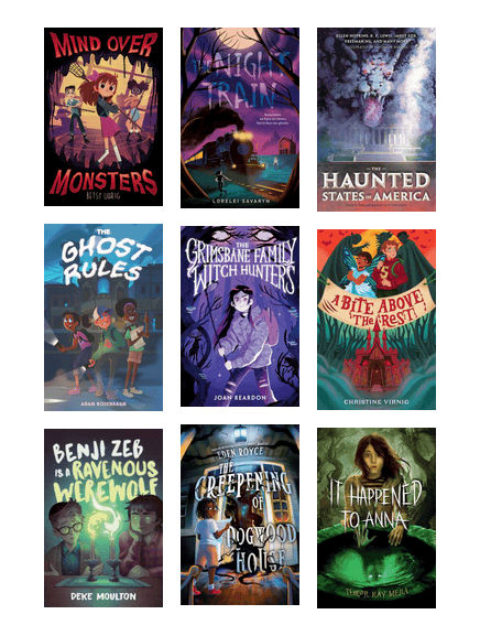 Covers of spooky books for middle grade readers, featuring lots of eerie glows, creepy creatures, and intrepid cartoon kids.