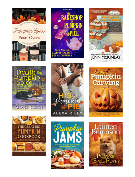 Covers of books with pumpkin themes, from recipes and carving tips to mysteries and romances.