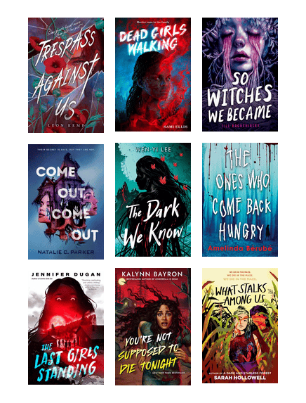 Covers of queer young adult horror books - lots of glowing, lots of red.