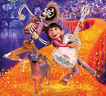 Dancing skeleton and dog with a smiling kid playing a guitar.