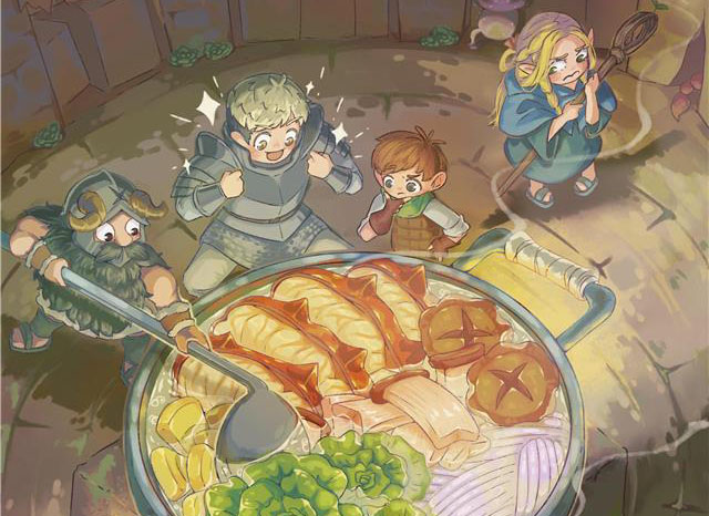 Illustration with a group of characters gathered around an enormous ramen pot in a round stone room, with expressions ranging from delight to concern.